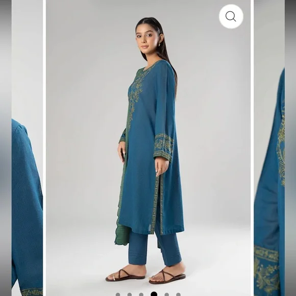 M. BASICS by Maria. B. Elegant Blue and Green Embroidered Women's Dress - Picture 4 of 15